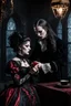 Placeholder: in a Victorian-style dress with a pale face, black long haired vampire sucking blood from the neck of a beautiful young woman wearing a wonderful victorian-goth lace dress. The woman has a faint smile on her face, her eyes are closed. Gothic-style room in the background, semi-darkness, the light of the full moon shines through the large window onto the horror scene, high detailed, sharp focus, masterpiece