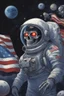 Placeholder: A close up of a skeleton face looking shocked, in an astronaut helmet and suit floating in space. inside the hollow eyes are red shining lights, scary. On his suit is an American flag and in his one hand is a small wavering American flag, on it is written "boned in the USA". From the back of his suit is blowing out blue, white and red smoke. Realistic, 8k, highly detailed, funny