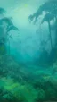 Placeholder: A cyan rainforest covered in thick fog painted by Vincent van Gogh
