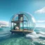 Placeholder: tiny house inside a big bubble floating up the sea