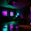 Placeholder: Unsettling room, neon lights, signs, empty, a computer is running, liminalcore