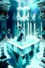 Placeholder: Atlantis dungeon with white marble many knight statues and a great pool of water with a chrome cube floating over it