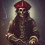 Placeholder: a cyberpunk hacker pirate captain skeleton with a pirate hat sitting in front of a huge old crt monitor in a dark room holding a beer, only light coming from crt monitor, highly detailed, intricate, digital art, trending on artstation, trending on cgsociety, by greg rutkowski