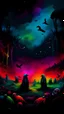 Placeholder: nude creepy rainbow waifu on the field in the night, blood everywhere, tombstones around, crows and ravens sitting on the tombstones, black feathers falling from sky , colorful space nebula on the night sky,