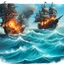 Placeholder: two pirate ships fighting each other at sea. They fire cannons at each other and one ship is hit and burns.