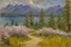 Placeholder: Mountains, lake, flowers, pathway, pine trees, clouds, edouard manet impressionism painting