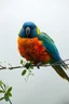 Placeholder: Extremely realistic photo of a colourful Parrot on a tree branch with white tiny flowers and green leaves , fog, general foul weather, (Rembrandt Lighting), zeiss lens, ultra realistic, (high detailed skin:1.2), 8k uhd, dslr, Dramatic Rim light, high quality, Fujifilm XT3, artwork in pale distressed tones , minimalistic approach, blends old world aesthetics art with elements of distressed painting and illustration, shadow play, high conceptuality, palette inspired by Charlene Mc Nally, Carne Gri