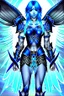 Placeholder: a person in runic armor with blue wings, blue short hair, runic tattoo and spell book