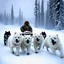 Placeholder: Create an image of sledge dogs that drag a sled in the snowy expanses of Alaska on which sit four Eskimo children dressed in white bear fur coats, the sled makes deep tracks in the snow, in the background of his circle in front of which stands an Eskimo hunter with a catch of fish, afternoon photo, outdoor photo, photo Realistic, 18K, wide lens