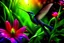 Placeholder: create a rainbow color hummingbird in high definition in first plane sucking a neon flower with a forest landscape all in photography art