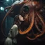 Placeholder: a beautiful girl is kissing a slimy gelatinous octopus creature inside a rusty metal tank, Lovecraftian cinematic lighting, horror movie scene, cinematic, 16k.