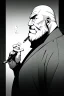 Placeholder: old man in profile smokes a cigar, shot hair, greyscale