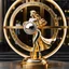 Placeholder: A magnificent golden and silver heart-shaped sign adorned with a stunning golden sphere encrusted with sparkling diamond clusters at its center, elegantly spinning in position,a golden statue of a girl in standing pose