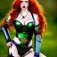 Placeholder: hyper realist, hyper detailed, stunningly beautiful teen girl, long ginger hair, green eyes, medium freckles, full lips, skimpy fantasy intricate leather armour, full body and head, c-cup breasts, aroused expression, biting lower lip, full frame, petite, centered camera