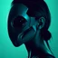 Placeholder: A side view of a woman in 10010, which bears an alien mask on the face that is portrayed in a futuristic digital art style. The lighting is dramatic with strong contrasts to emphasize the mask and facial features of the woman. The color palette consists of cool blues and greens to create a side atmosphere. The composition focuses on the complicated details of the mask and the expression of the woman, inspired by science fiction films and illustrations. The general mood is mysterious and fascinat