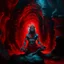 Placeholder: An oil painting of Hindu god YAMA in a cave, neon red colors, high detail, dark vibe