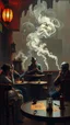 Placeholder: Bosch painting style nightmare , 3D , a cafe for Hookahs people sitting and smoking background, high Quality picture , 8k