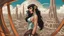 Placeholder: exotic sci-fi steampunk pin-up girl, with long dark hair, on a sci-fi planet with cloud trees, tall spires, buildings, bridges, arches