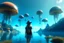 Placeholder: woman standing next to a lake, in an alien forest, flying mushrooms with jellyfish tenacles in a blue sky