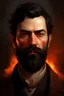 Placeholder: Fantasy portrait of a man in his late 30s or early 40s who looks a bit like Billy Butcher from The Boys (so a wider face, with a broad reddish nose, and looks poor). Has a short black beard and close cropped black hair. Has orange eyes. He's smoking.