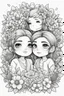 Placeholder: create a outlined coloring page of a chibi cartoon characters of a couple surrounded by flowers. Pay attention to the details of the faces and flowers and the emotions conveyed by the couple. White background, sketch style, half of body, use outline, Mandala style, clean line art, no shadows, no coloring, no shading, no grey.