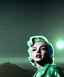 Placeholder: Ultra Realistic retro sci-fi 1960 scene, waist up view portrait, blonde woman, sweet young Marilyn Monroe face, perfect iris, tight latex coat, Strange planet background, Retro sci-fi style glass helmet, fog, rain, soft color, highly detailed, unreal engine 5, ray tracing, RTX, lumen lighting, ultra detail, volumetric lighting, 3d, finely drawn, high definition, high resolution.