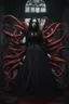 Placeholder: blood, goth woman, leaning pose, full body, squid, octopus creepy, horrifying, sinister, 8k, macro photography,