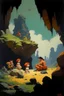 Placeholder: 1970's dark fantasy cover dnd style oil painting of the flintstones in a minimalist far perspective.