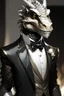 Placeholder: A silver Dragonborn from dnd wearing a tuxedo