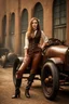 Placeholder: young woman with straight shoulder-length hair, dressed in brown leather trousers and waistcoat, leather gloves and a fascinator in an old industrial courtyard, next to a steampunk steam car on a summers day