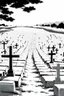 Placeholder: landscape, Japanese open air flat cemetery with thousand gravestones, high detail, manga style, grayscale