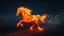Placeholder: gallops out of the darkness a beautiful perfect fire horse with glowing eyes made of fire, a flaming fiery body, left profile, full body, above it the deep blue starry sky, in front of it a faintly shining road, behind it ruins, black vines, darkness, in front of it light, hope, a new road with ligt, in dark background, fog with big shiny 3d caption text: "2026"