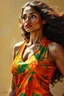 Placeholder: Hyper-realistic oil painting. Medium shot. Indian fitness woman in dynamic pose, wearing designer satin sleeveless deep-neck orange and green 3D floral kurta, long silky curly hair flowing behind her. Close-up. Vivid, warm color palette with golden lighting. Glossy lips, bright makeup, and shiny glowing skin. Intricate, textured brushstrokes. Reflective, luminous fabric. Rich, bold colors. Highly detailed, realistic, best quality. Inspirations from the works of Richard Estes and Ralph Goings. Hi