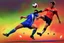 Placeholder: Oil painting, football match, the striker is kicking a goal, the ball is flying, bright but not neon colours, dynamic lines, dynamic blobs, spots, lines in the background of the character, like a colour explosion