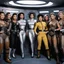 Placeholder: Noonien Soong, creator of data, as an adventurer in dusty Star Trek uniform surrounded by women Augments in fishnet costume and leather belts carrying heavy phaser weapons , they are in front of the airlock in the USS Enterprise