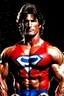 Placeholder: extremely muscular, short, curly, buzz-cut, military-style haircut, pitch black hair, Paul Stanley/Elvis Presley/Pierce Brosnan/Jon Bernthal/Sean Bean/Dolph Lundgren/Keanu Reeves/Patrick Swayze/ hybrid, as the extremely muscular Superhero "SUPERSONIC" in an original patriotic red, white and blue, "Supersonic" Super suit with an America Flag Cape,