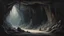 Placeholder: A dark and haunting oil painting of a mysterious cave filled with shadows and unknown creatures