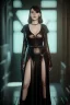 Placeholder: portrait goddess in black leather gown in a dungeon, cleavage, sci-fi fantasy style, 8k,dark