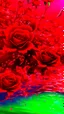 Placeholder: The image is a digital artwork that depicts a green branch of red tree of Red roses and red leaves tangling in to a water in the river with aThe rose floats on the surface of the water, creating a wave-like effect. The background is red , which makes a branch of a tree of red roses stand out even more. Water droplets are scattered adding to the dreamy, ethereal quality of the image.all leaves and background are black