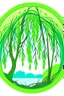 Placeholder: Colorful Logo of a pretty willow tree with long green hanging branches, standing outside a square window with an arch, emphasize the window and arch, serene tranquil background with a body of water.