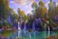 Placeholder: Big epic waterfall, rocks, trees, alfred sisley impressionism painting