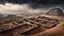 Placeholder: Dark surreal cinematic scene of gigantic brutalist megastructures merged with the ancient architecture of Ksar Ouled Soltane in the middle of a foggy desert. Ancient clay vaults integrated into raw concrete monoliths, mysterious atmosphere, ultra realistic, highly detailed textures, volumetric fog, dramatic lighting, dystopian archaeology, soft blowing sand, ominous mood, wide cinematic framing, brutalism meets Berber architecture, photorealistic