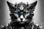 Placeholder: Length photograph mecha face steampunk sci fi portrait of a mechanized cat, or various animals, or mythical creatures, anthropomorphic, high key lighting, 3d bas relief, front view clock, glowing neon nixie cyberpunk eye, wire whiskers cyborg high contrast black and white image