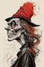 Placeholder: create an ancient malevolent female sorceress with highly detailed and refined facial features, raggedly clothed in the caricature cartoon style of Gerald Scarfe and Ralph Steadman, precisely drawn, boldly inked, vividly colored, 4k