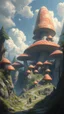 Placeholder: A big mushrooms city with small people below it , fantasy world scene