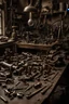 Placeholder: a messy victorian machinists workshop table. Lots of large half completed items on the table. Valves, wrenches, rivets