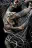 Placeholder: Multiple entanglements between a twisted thin piece of cloth as part of many twisted and spiraling branches disappearing into the distant mist, epic photo, 2 beautiful lovers are embracing, stunning tattoos that intwine with eachothers tattoos,sharp on highly detailed skin with wrinkles and high contrast, photorealistic, explosion of extacy,4K, 3D, realism, hyperrealism, detail, good lighting, detailed texture, modern photography style, 3D, 4D, 4K