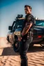 Placeholder: Handsome muscular sheriff leaning against a police car on the edge of the desert