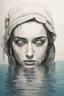 Placeholder: Artwork of t-shirt, Wide angle, half of face on water surface of a woman eyes are full of tears in swimming pool. Broken heart, sadness, down deep