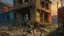 Placeholder: A vintage oil painting of a woman on a bicycle in front of a decaying building, captured in the post-apocalypse city, featuring elements of soviet city architecture, with a touch of socialist realism.